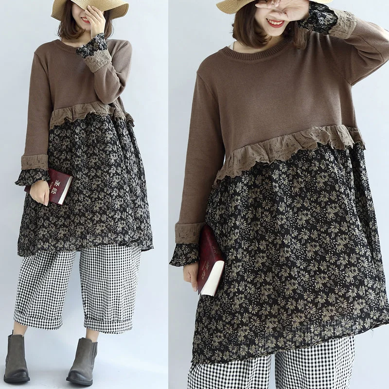 Women's Resort Apparel Odd Size Clearance Sale Chocolate vintage floral patchwork sweater dresses knit pullover shift dress Women's Resort Apparel Odd Size Clearance Sale Chocolate vintage floral patchwork sweater dresses knit pullover shift dress