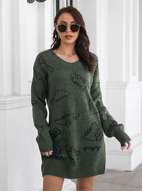 Women's Evening Clothing Seasonal Clearance TastyHottie - DINOSAUR JACQUARD V-NECK LONG SLEEVE SWEATER DRESS Women's Evening Clothing Seasonal Clearance TastyHottie - DINOSAUR JACQUARD V-NECK LONG SLEEVE SWEATER DRESS