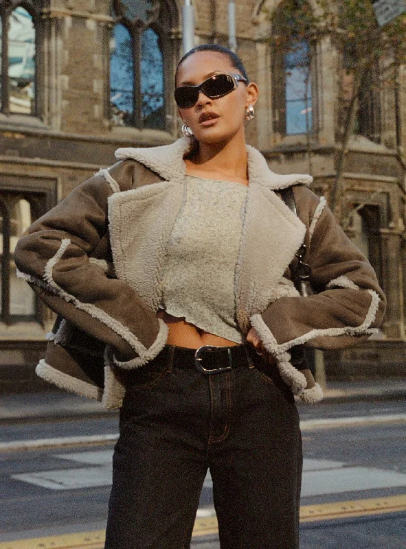 Fashionable Women's Clothing Evening Elegance Arexie Shearling Trim Jacket Natural