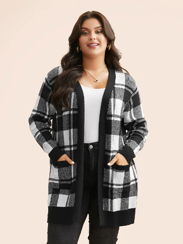 Women's Plus-Size Clothes Classic Charm Kimono Collar Plaid Slit Hem Cardigan