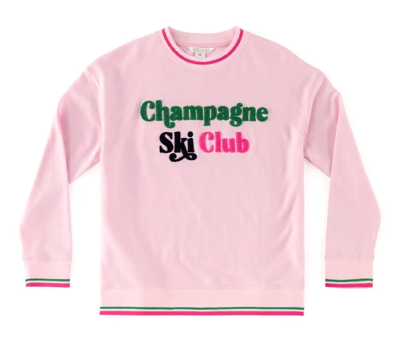 Fashionable Women's Clothing Versatile Wardrobe Essentials Women's "champagne Ski Club" Sweatshirt In Pink Fashionable Women's Clothing Versatile Wardrobe Essentials Women's "champagne Ski Club" Sweatshirt In Pink