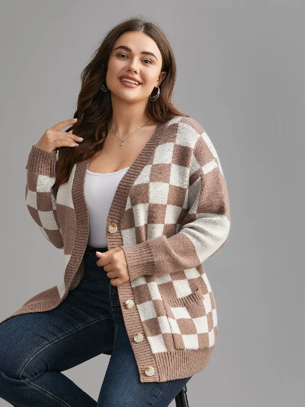Women's Elegant Evening Outfit Runway Inspired Wear Checkered V-Neck Button Front Knit Cardigan Women's Elegant Evening Outfit Runway Inspired Wear Checkered V-Neck Button Front Knit Cardigan