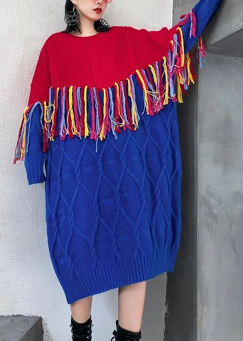 Women's Holiday Attire Limited Time Deal Winter o neck tassel Sweater weather Women blue patchwork red Mujer knitwear Women's Holiday Attire Limited Time Deal Winter o neck tassel Sweater weather Women blue patchwork red Mujer knitwear