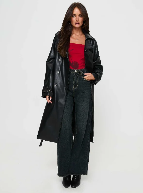 Women's Travel Attire Seasonal Clearance Neo Faux Leather Trench Onyx