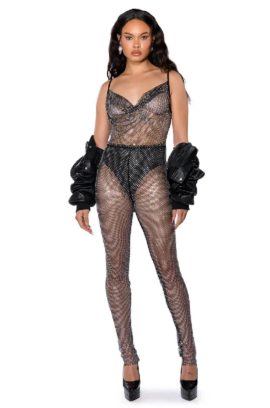 Stylish Women's Outerwear Apparel Charming Silhouette COWL NECK RHINESTONE MESH JUMPSUIT Stylish Women's Outerwear Apparel Charming Silhouette COWL NECK RHINESTONE MESH JUMPSUIT