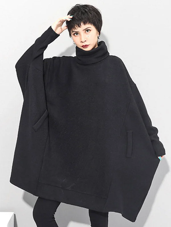Women's Formal Clothes High End Designer Brands Discount Super Loose Black High-Neck Modern Knitting Batwing Sleeves Sweater Dress