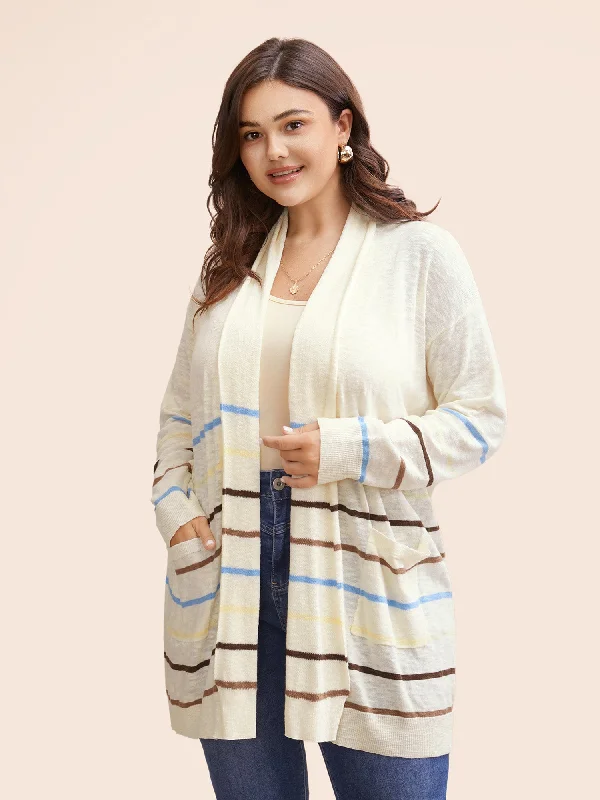Women's Date Night Outfit Fashion Sale Contrast Striped Pocket Open Front Cardigan