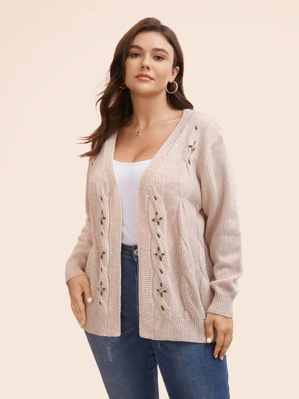 Women's Everyday Apparel Effortless Style Floral Embroidered Kimono Collar Cable Knit Cardigan