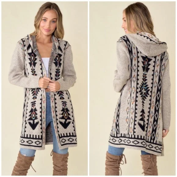 Casual Clothes For Women Trendy Clothing Sale Oatmeal Aztec Rainbow Western Hooded Knit Cardigan Long Sleeve Open Sweater Casual Clothes For Women Trendy Clothing Sale Oatmeal Aztec Rainbow Western Hooded Knit Cardigan Long Sleeve Open Sweater