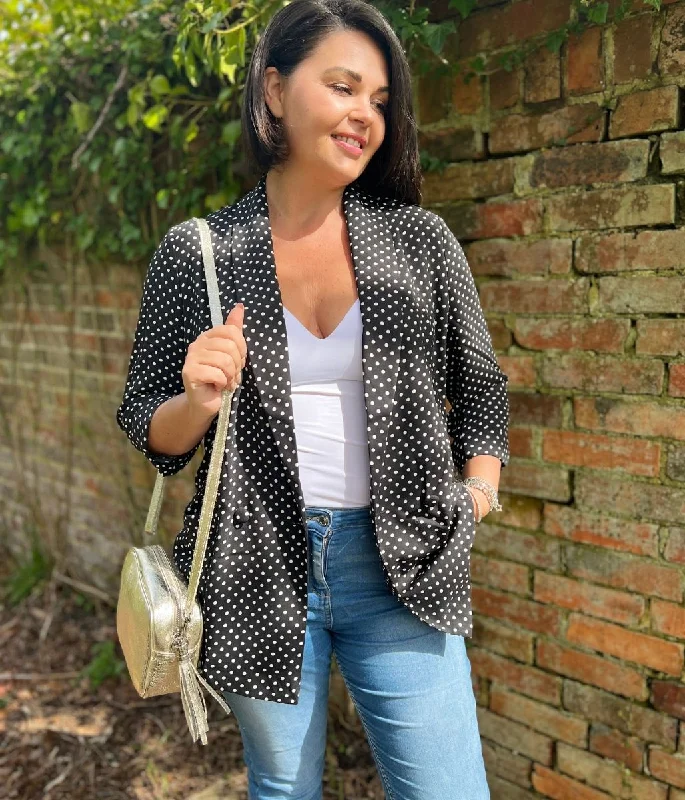 Women's Vacation Outfit Trendy Fashion Sale Black and White Polka Dot Lightweight Blazer Women's Vacation Outfit Trendy Fashion Sale Black and White Polka Dot Lightweight Blazer