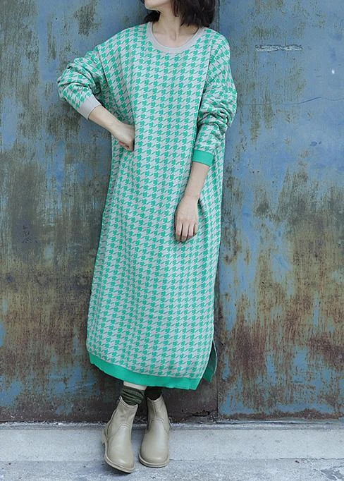Women's Vintage Attire Summer Splash Sale Oversized side open Sweater o neck Wardrobes Largo green plaid baggy knit dresses