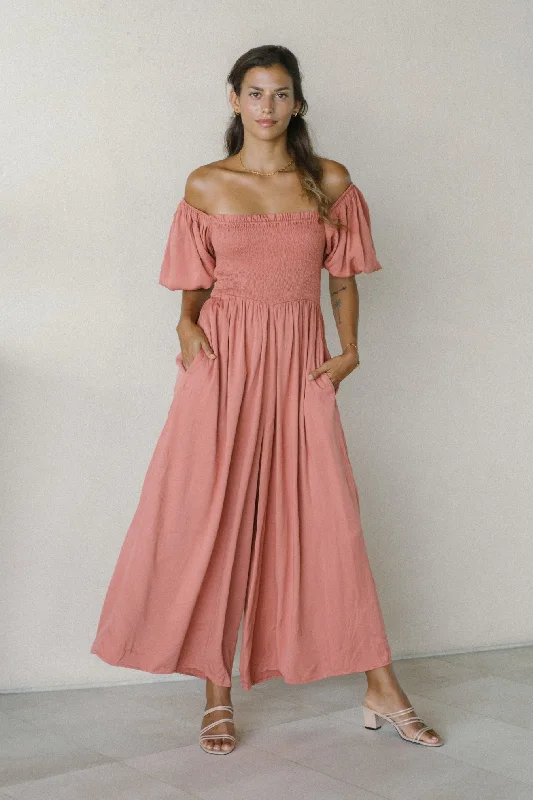 Women's Travel Outfit Set Trendy Clothing Sale Giselle Terracotta Pink Puff Sleeve Jumpsuit Women's Travel Outfit Set Trendy Clothing Sale Giselle Terracotta Pink Puff Sleeve Jumpsuit