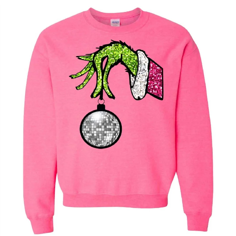 Women's Stylish Professional Garments Exclusive Discounts Women's Faux Sequin Disco Grinch Sweatshirt In Hot Pink Women's Stylish Professional Garments Exclusive Discounts Women's Faux Sequin Disco Grinch Sweatshirt In Hot Pink