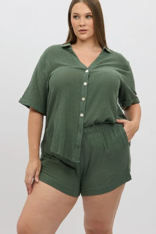 Women's Clothing For Casual Outings Classic Charm Green Elastic Waist Pull On Cotton Shorts Women's Clothing For Casual Outings Classic Charm Green Elastic Waist Pull On Cotton Shorts