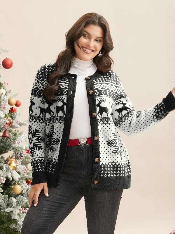 Women's Clothes For Special Occasions Casual Weekend Relaxed Style Reindeer And Snow Pattern Button-Front Cardigan Women's Clothes For Special Occasions Casual Weekend Relaxed Style Reindeer And Snow Pattern Button-Front Cardigan