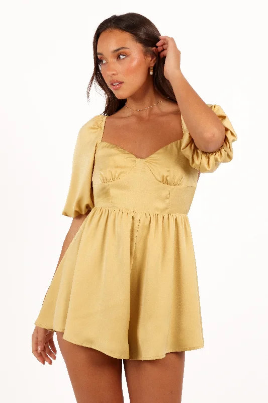 Women's Seasonal Apparel Dive Into Trendy Women's Fashion Billie Romper - Honeysuckle Yellow Women's Seasonal Apparel Dive Into Trendy Women's Fashion Billie Romper - Honeysuckle Yellow