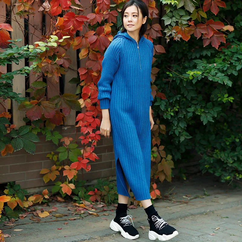 Elegant Women's Evening Garments Wardrobe Upgrade Aesthetic blue Sweater outfits plus size tunic hooded side open knit dress Elegant Women's Evening Garments Wardrobe Upgrade Aesthetic blue Sweater outfits plus size tunic hooded side open knit dress