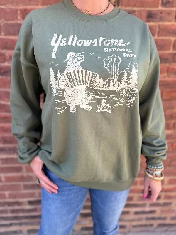 Women's Casual Wear Clothing Stylish Statements Retro Yellowstone Smokey The Bear Sweatshirt In Military Green Women's Casual Wear Clothing Stylish Statements Retro Yellowstone Smokey The Bear Sweatshirt In Military Green