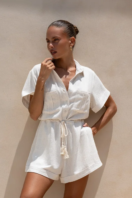 Women's High-Fashion Attire Huge Markdowns Ines Beige Collared Playsuit