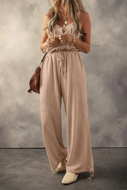 Women's Apparel Sleek Design Pale Khaki Knotted Straps Button Textured Drawstring Jumpsuit Women's Apparel Sleek Design Pale Khaki Knotted Straps Button Textured Drawstring Jumpsuit