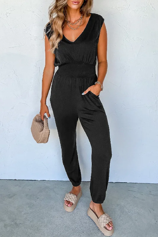 Women's Transitional Apparel Feminine Flow Shirred High Waist Sleeveless V Neck Jumpsuit Women's Transitional Apparel Feminine Flow Shirred High Waist Sleeveless V Neck Jumpsuit