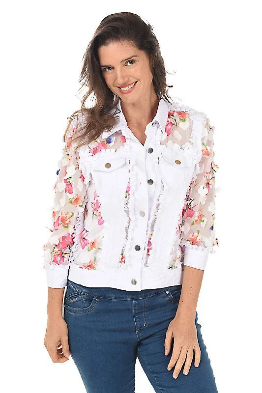 Comfortable Women's Clothes Anniversary Sale Flower Petal Sheer Distressed Denim Jacket Comfortable Women's Clothes Anniversary Sale Flower Petal Sheer Distressed Denim Jacket