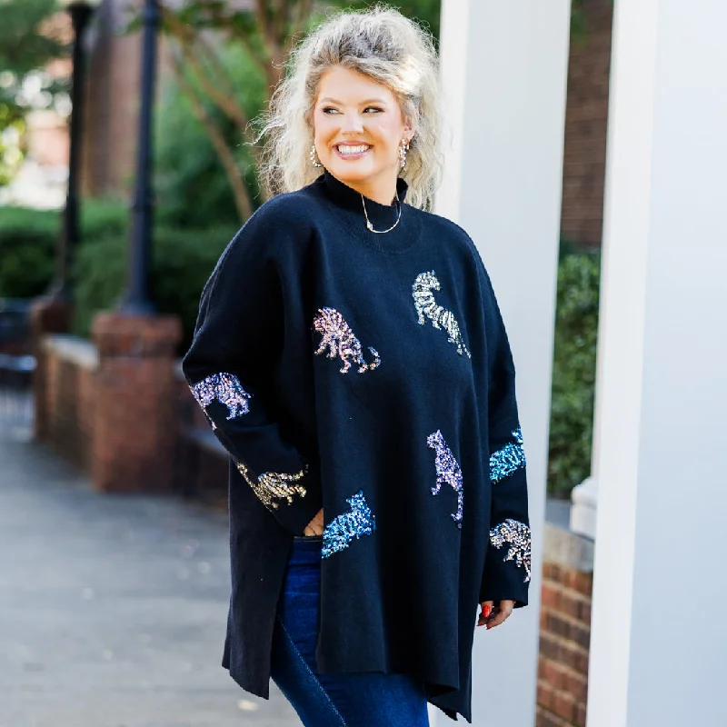 Women's Wardrobe Apparel Vintage Charm Mother Of The Jungle Sweater, Black Sequin