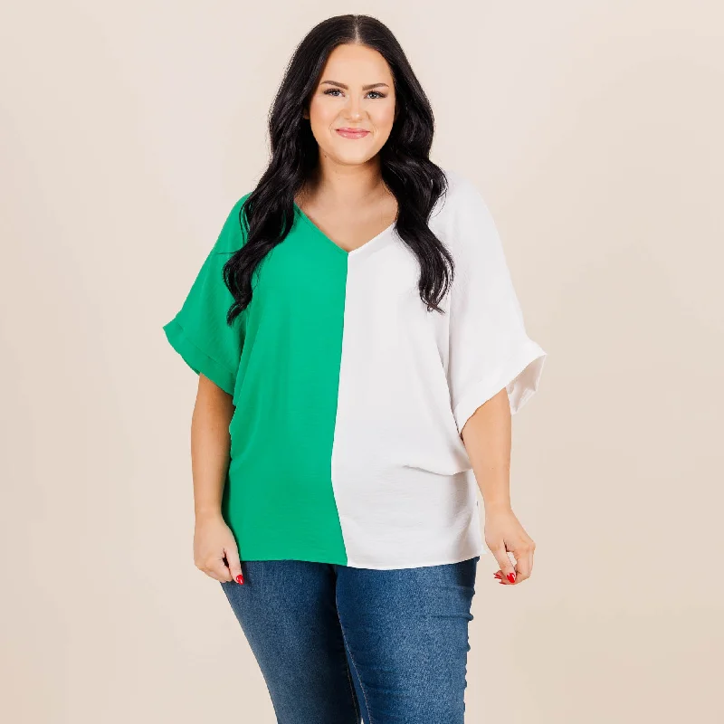 Women's Everyday Apparel Formal Outfit Double Dose of Color Top, Kelly/Off White
