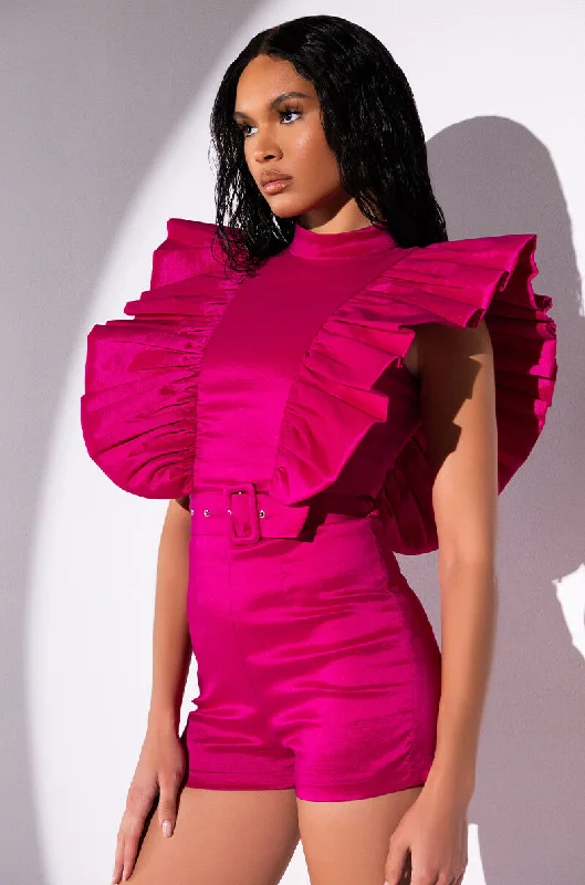 Fashionable Women's Outfit Limited Time Flash Sale VALENTINA TAFFETA RUFFLE SLEEVE ROMPER Fashionable Women's Outfit Limited Time Flash Sale VALENTINA TAFFETA RUFFLE SLEEVE ROMPER