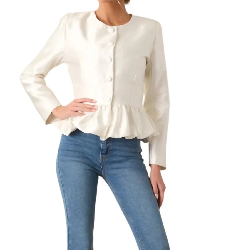 Vintage-Inspired Garments Timeless Elegant Satin Peplum Jacket In White