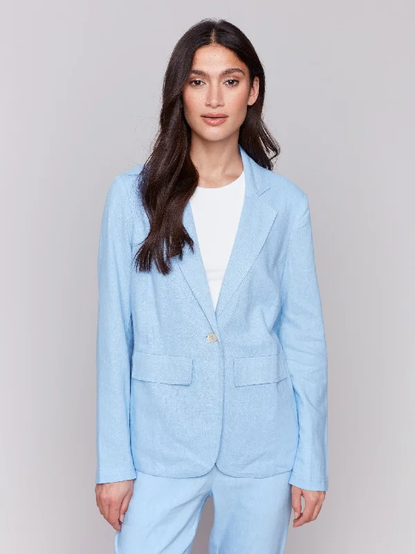 Women's High-Fashion Garments Graceful Cut Linen Blend Blazer - Bluebell