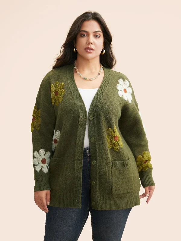 Women's Holiday Outfit Spring Fashion Floral Texture Slit Hem Patch Pocket Cardigan