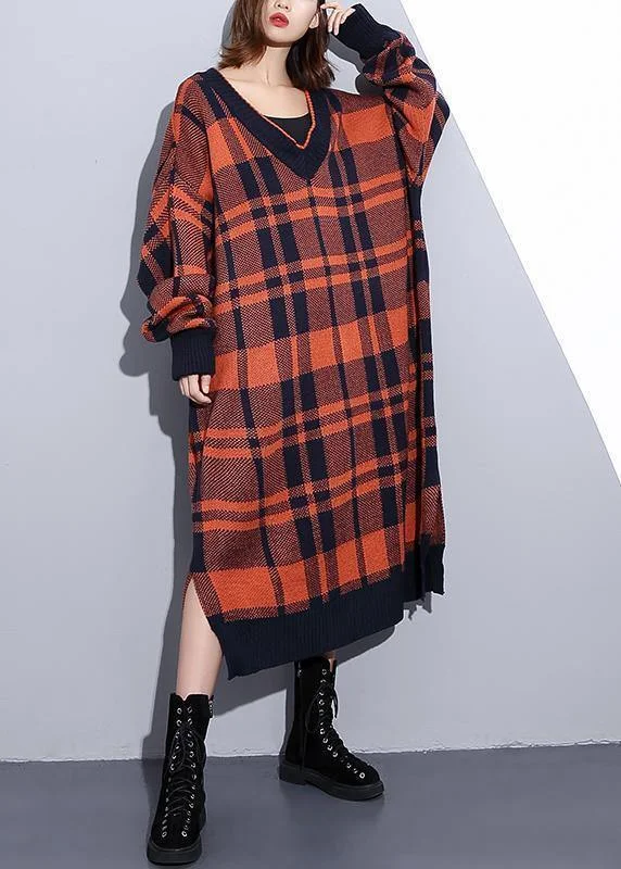 Women's Elegant Evening Attire Elegant Style Cozy orange plaid Sweater weather Design v neck side open Art knit dresses Women's Elegant Evening Attire Elegant Style Cozy orange plaid Sweater weather Design v neck side open Art knit dresses
