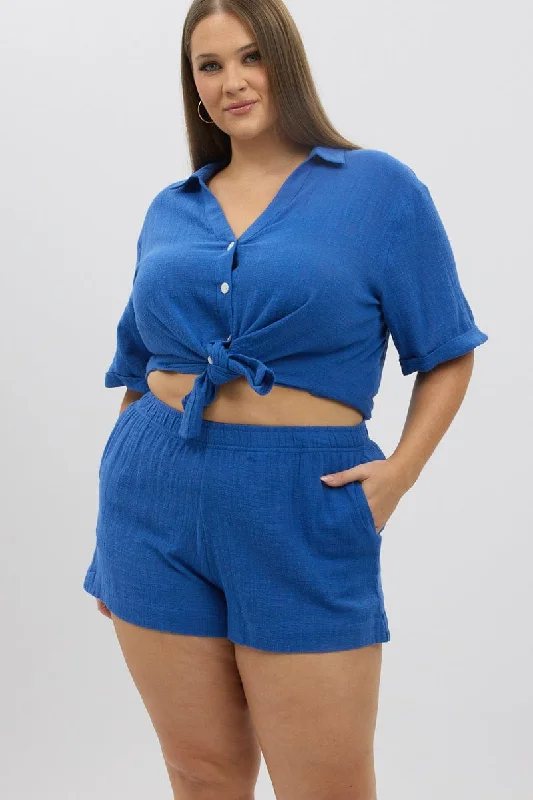 Women's Transitional Clothes Effortless Comfort Blue Elastic Waist Pull On Cotton Shorts Women's Transitional Clothes Effortless Comfort Blue Elastic Waist Pull On Cotton Shorts