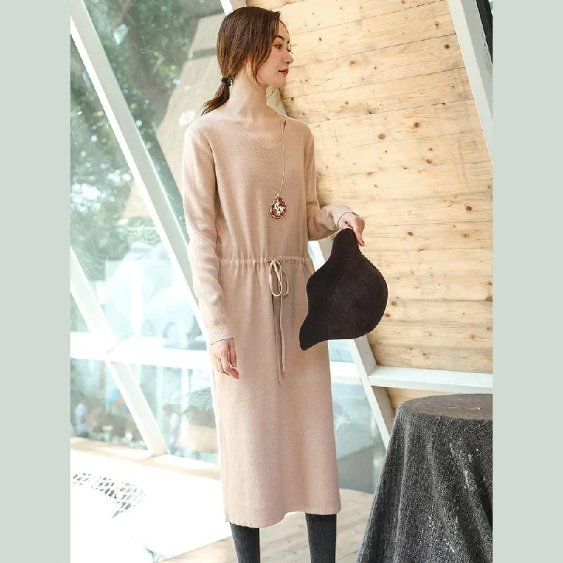 Women's Work Apparel Popular Collection boutique beige knit Loose fitting V neck spring dresses fine drawstring long knit sweaters Women's Work Apparel Popular Collection boutique beige knit Loose fitting V neck spring dresses fine drawstring long knit sweaters