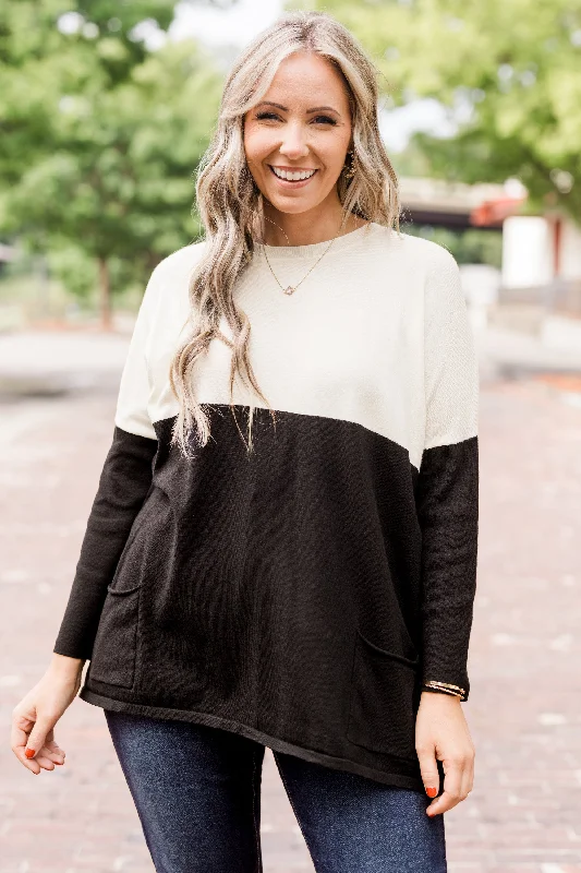 Women's Fashion-Forward Apparel Flowy Fabric All That You Are Sweater, Ivory-Black