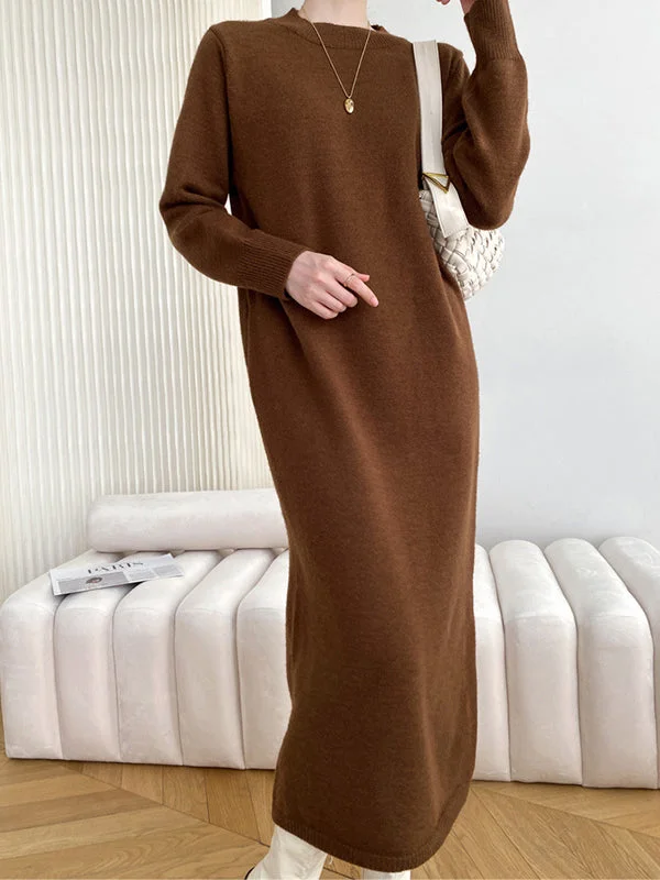 Comfortable Women's Clothes All Season Basics Discount Urban Loose Long Sleeves Modern Solid Color Round-Neck Sweater Dresses