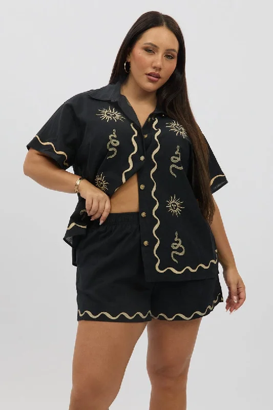 Sustainable Fashion Clothing For Women Tropical Island - Inspired Attire Black Printed Elastic Waist Pull On Cotton Shorts Sustainable Fashion Clothing For Women Tropical Island - Inspired Attire Black Printed Elastic Waist Pull On Cotton Shorts