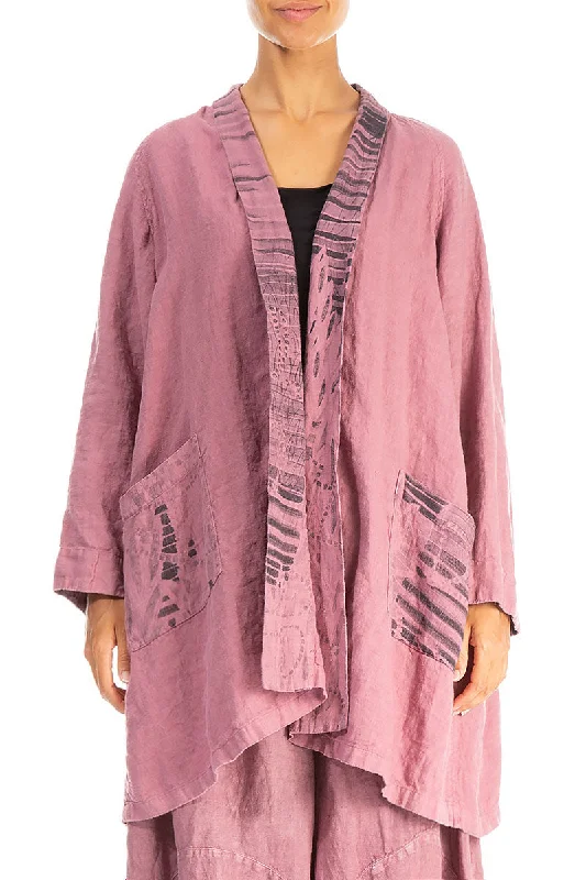 Affordable Women's Apparel Eclectic Style Wardrobe Open Printed Back Mauve Taupe Linen Jacket Affordable Women's Apparel Eclectic Style Wardrobe Open Printed Back Mauve Taupe Linen Jacket