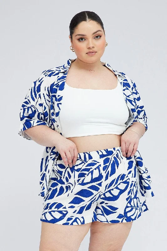 Women's Work Apparel Style Upgrade Blue Abstract Relaxed Shorts High Rise