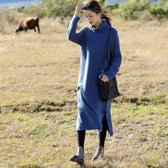 Women's Apparel Hot Trends Fashion Blue And Red High Neck Maxi Sweater Dresses For Women Women's Apparel Hot Trends Fashion Blue And Red High Neck Maxi Sweater Dresses For Women
