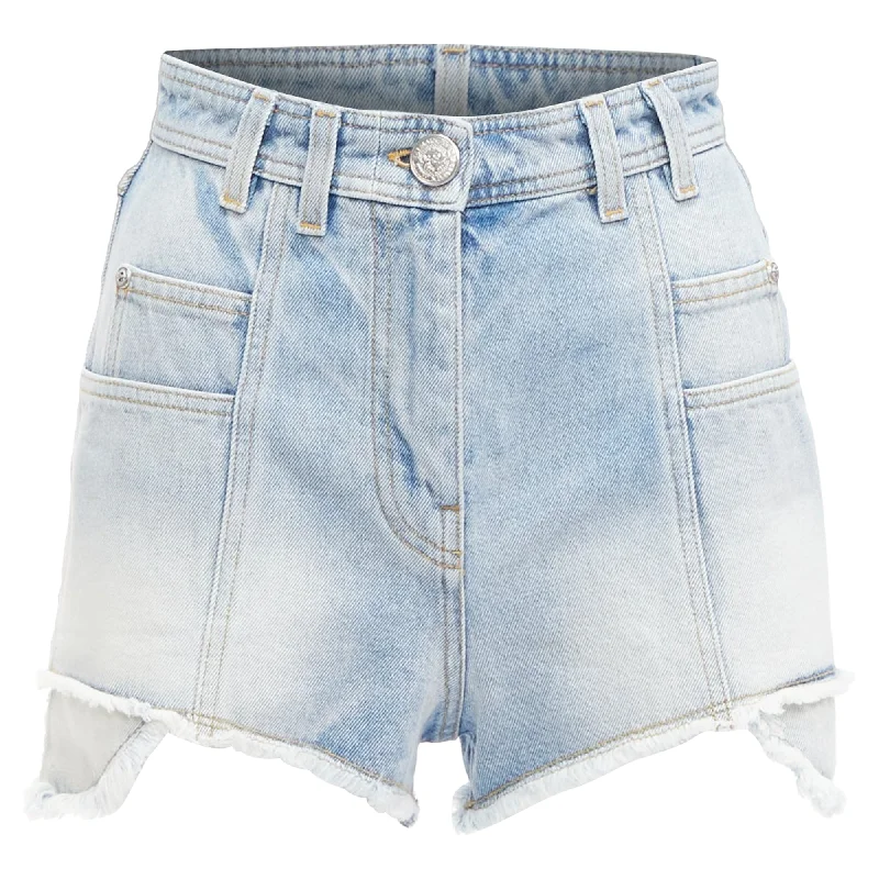 Women's High-Fashion Clothes Casual Chic Balmain washed cotton denim panel pockets cut cutaway cargo shorts