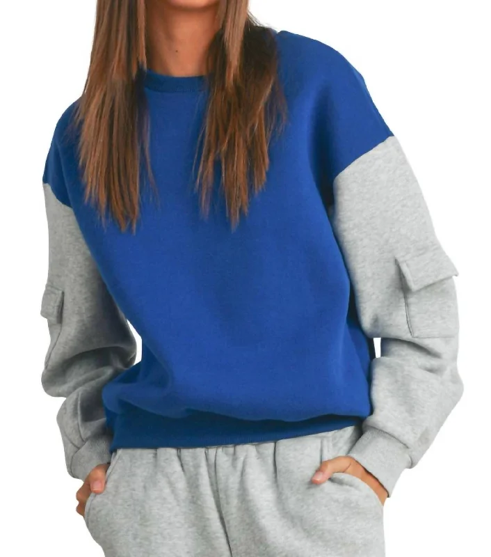 Women's Clothing Sets Contemporary Elegance Patched Pocket Contrast Sweatshirt In Blue / Hgrey