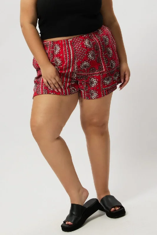 Women's Fashionable Clothing Sets Minimalist Office - Ready Style Red Boho Elastic Waist Shorts Women's Fashionable Clothing Sets Minimalist Office - Ready Style Red Boho Elastic Waist Shorts