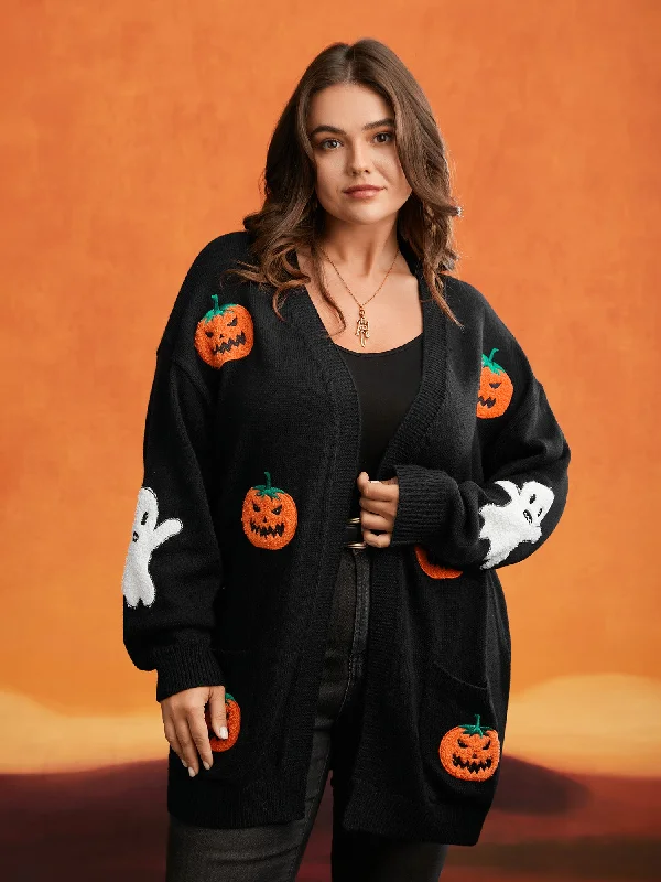 Sustainable Women's Clothes Grab Romantic Date - Night Styles Now Pumpkin Ghost Embroidery Open Cardigan Sustainable Women's Clothes Grab Romantic Date - Night Styles Now Pumpkin Ghost Embroidery Open Cardigan