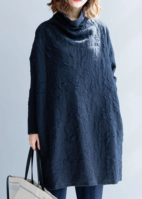 Women's Vacation Garments First Order Discount French blue Cotton Tunics high neck oversized fall Dress Women's Vacation Garments First Order Discount French blue Cotton Tunics high neck oversized fall Dress