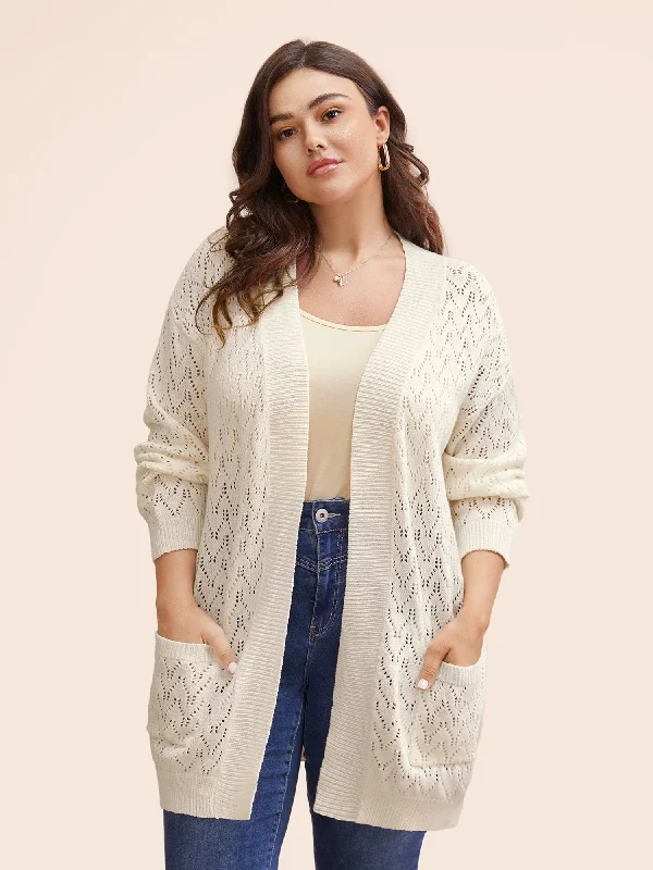 Women's Trendy Apparel Flowing Silhouette Kimono Collar Patch Pocket Pointelle Knit Cardigan Women's Trendy Apparel Flowing Silhouette Kimono Collar Patch Pocket Pointelle Knit Cardigan