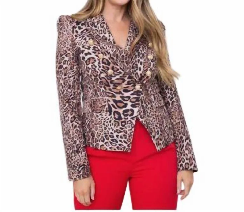 Women's Everyday Attire Vibrant Styles Leopard Double Breasted Blazer In Taupe