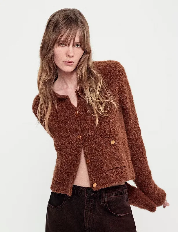 Stylish Women's Outerwear Apparel Statement Piece Patch Pocket Cardi, Camel