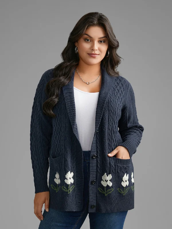 Luxury Women's Clothes Rustic Countryside Charm Look Floral Jacquard Cable Knit Pocket Cardigan Luxury Women's Clothes Rustic Countryside Charm Look Floral Jacquard Cable Knit Pocket Cardigan